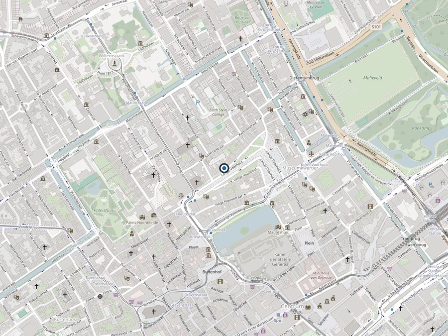 Kaart met de locatie van Rademaker Vastgoed aan het Lange Voorhout 18 in Den Haag